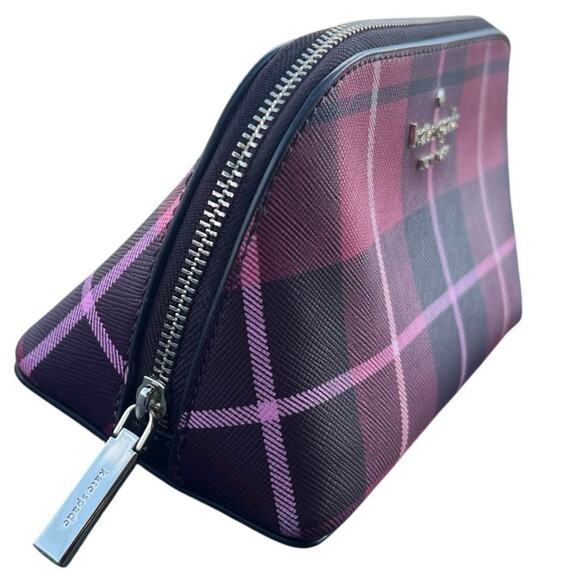 Kate Spade New York | Staci Plaid Small Cosmetic Case | Bright Rose, Red & Black - Picture 2 of 12